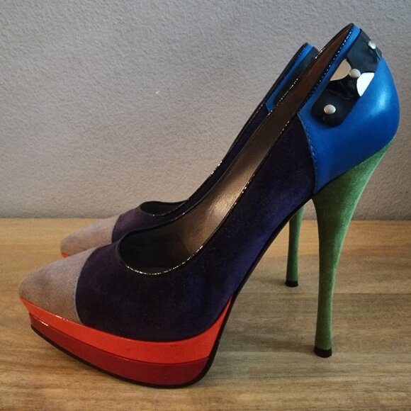 Versace Shoes Womens Size 40.5 Multicolor Suede Leather Platform High Heel Italy - Picture 5 of 14